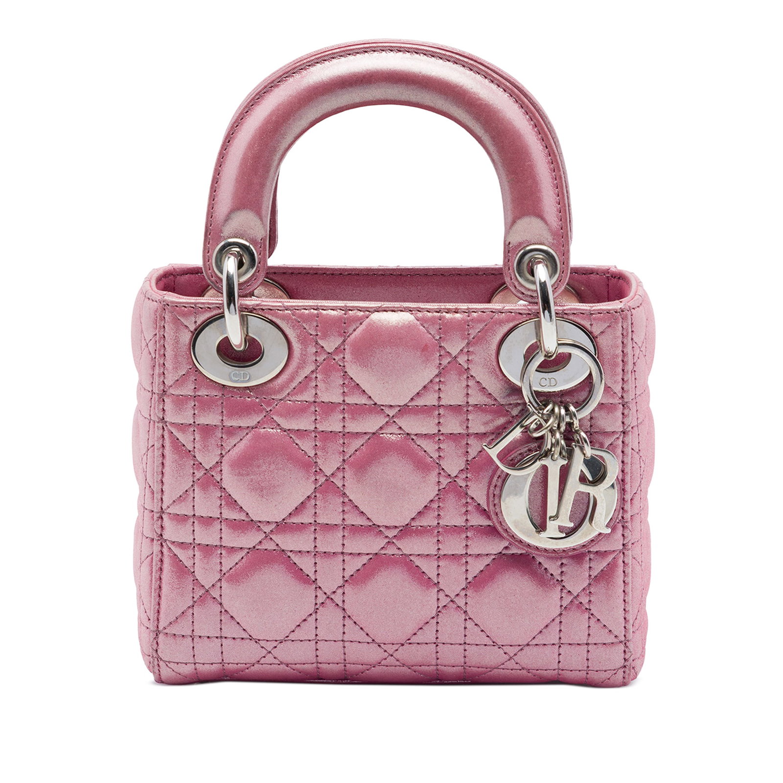 Dior Mini Lady Dior Cannage Iridescent Lambskin Bag Pink: Dior Mini Lady Dior Cannage Iridescent Lambskin Bag Pink Mini Lady Dior bag in pink iridescent lambskin leather with Cannage quilting. It features flat leather top handles, a fold-in flap closure, and