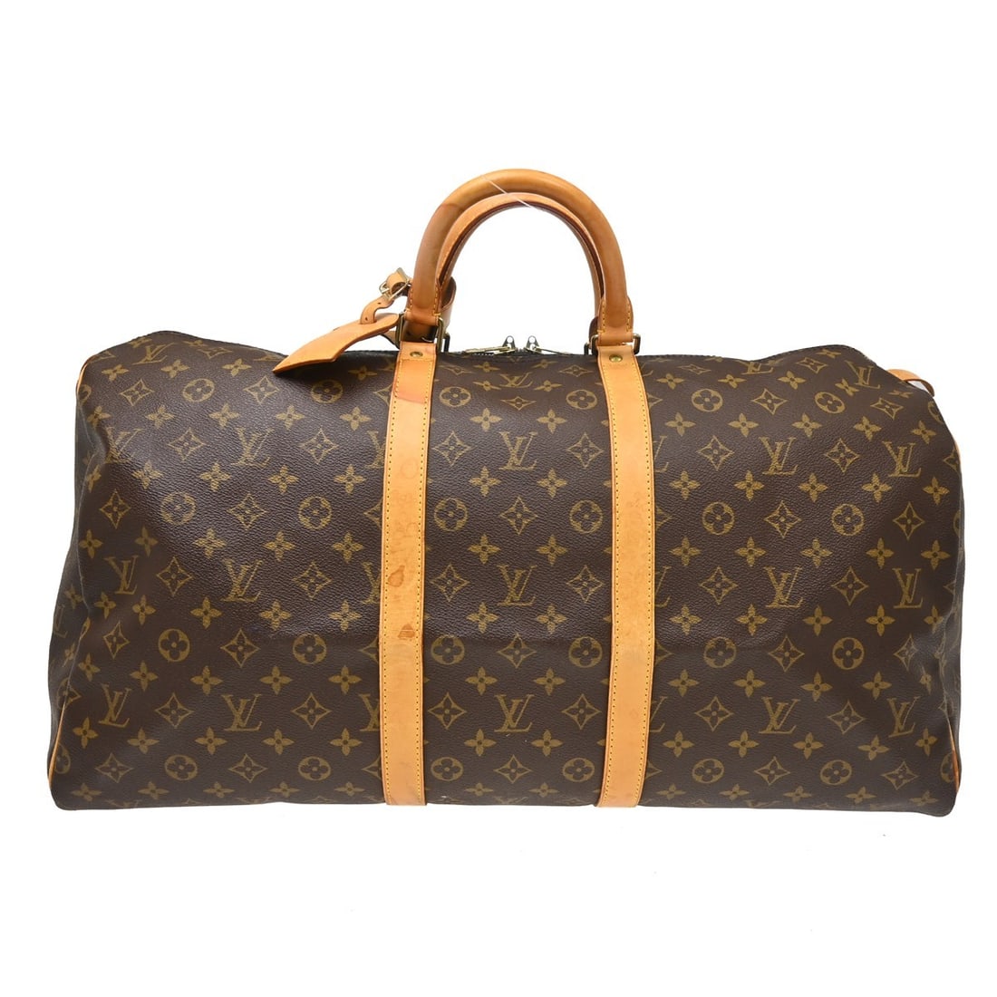 Louis Vuitton Keepall 55 Monogram Canvas Duffle Bag M41424: Louis Vuitton Keepall 55 Monogram Canvas Duffle Bag M41424 Vintage Louis Vuitton Keepall 55 travel handbag in Monogram canvas with leather trim and double handles. This extra large duffle-style bag fe