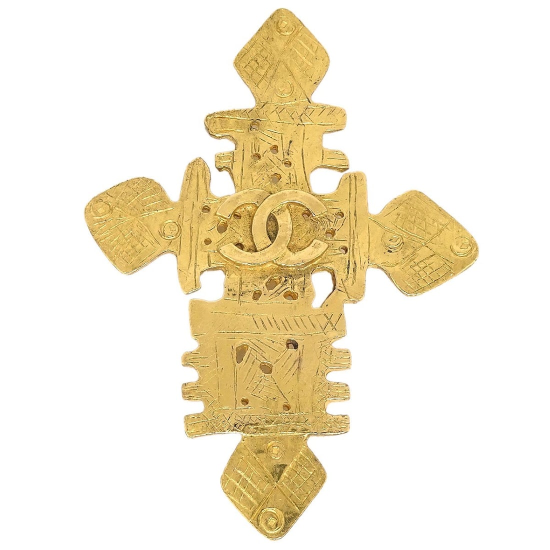 Chanel 94P Gold Tone Cross Brooch Pin France: Chanel 94P Gold Tone Cross Brooch Pin France Vintage Chanel CC logo brooch pin in a gold-tone finish, marked 94P. Made in France, this brooch features the iconic interlocking CC design. Condition is v