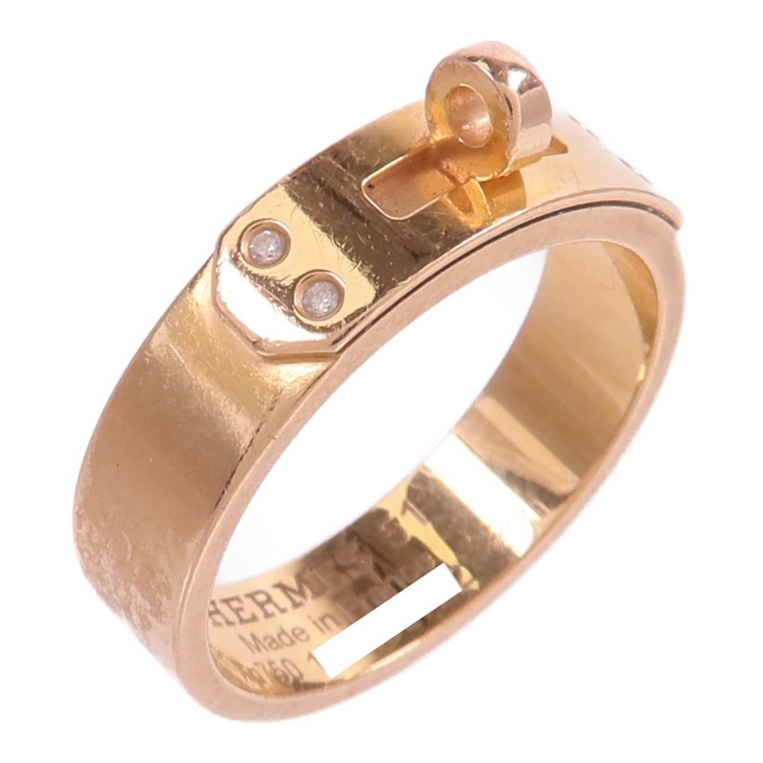 Hermes Kelly diamond ring 18K rose gold size 5.5: Hermes Kelly diamond ring 18K rose gold size 5.5 Hermes Kelly ring crafted in 18K pink gold and set with diamond accents. This women's ring is marked size 51 and corresponds to a US size 5.5. Includes