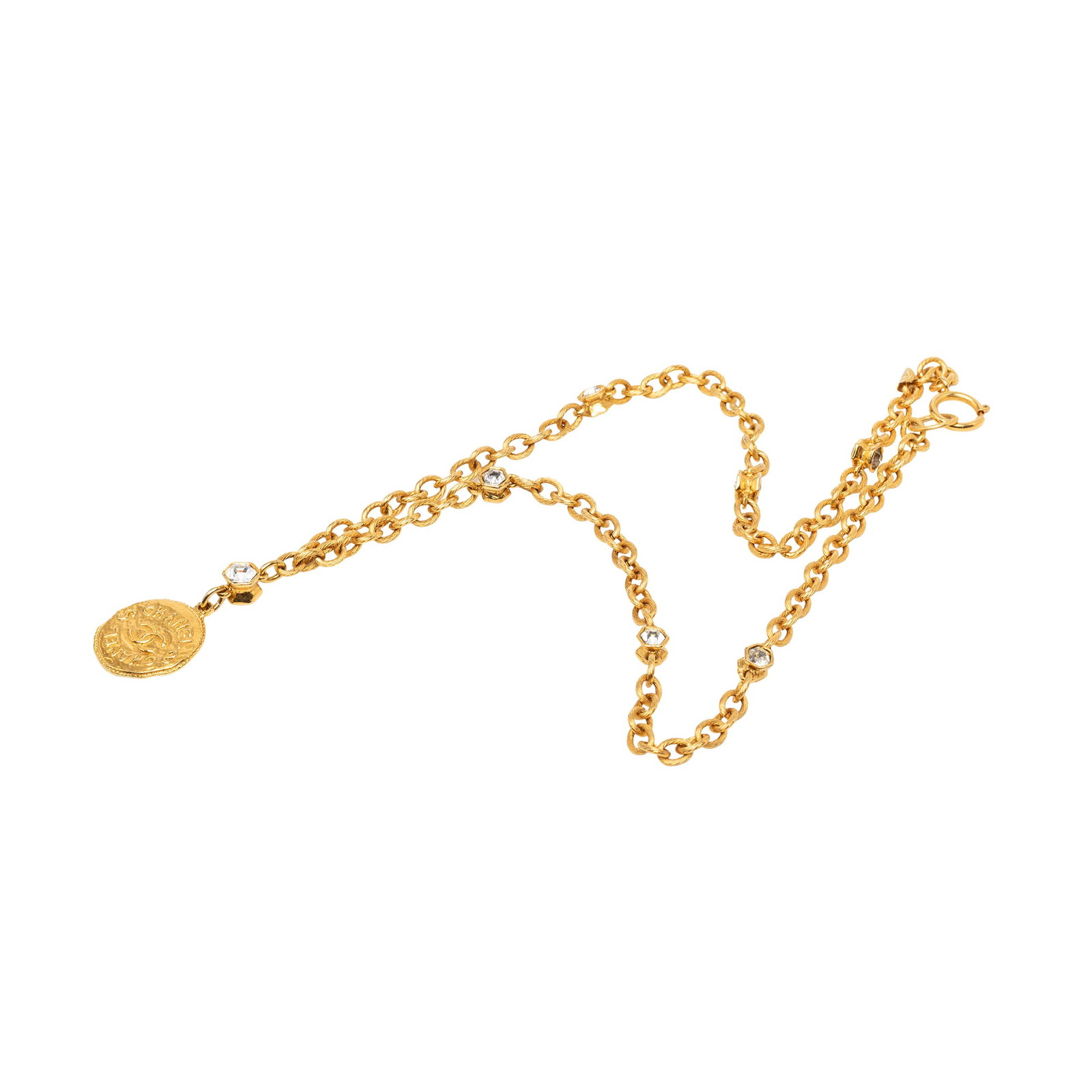 Chanel CC Medallion Pendant Necklace Gold Tone Strass: Chanel CC Medallion Pendant Necklace Gold Tone Strass Chanel CC medallion pendant necklace featuring a gold-tone chain and strass pendant with a spring ring closure. Made in France, this costume jewel