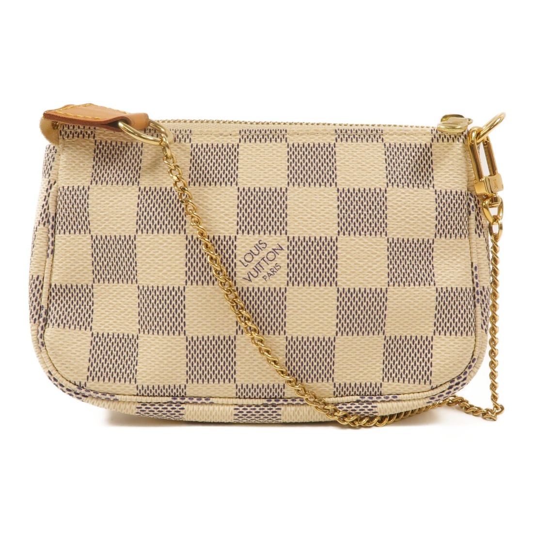 Louis Vuitton N58010 Mini Pochette Accessory Pouch Damier Azur White: Louis Vuitton N58010 Mini Pochette Accessory Pouch Damier Azur White Louis Vuitton Mini Pochette accessory pouch in Damier Azur PVC coated canvas with a white exterior and handle. This women's handbag
