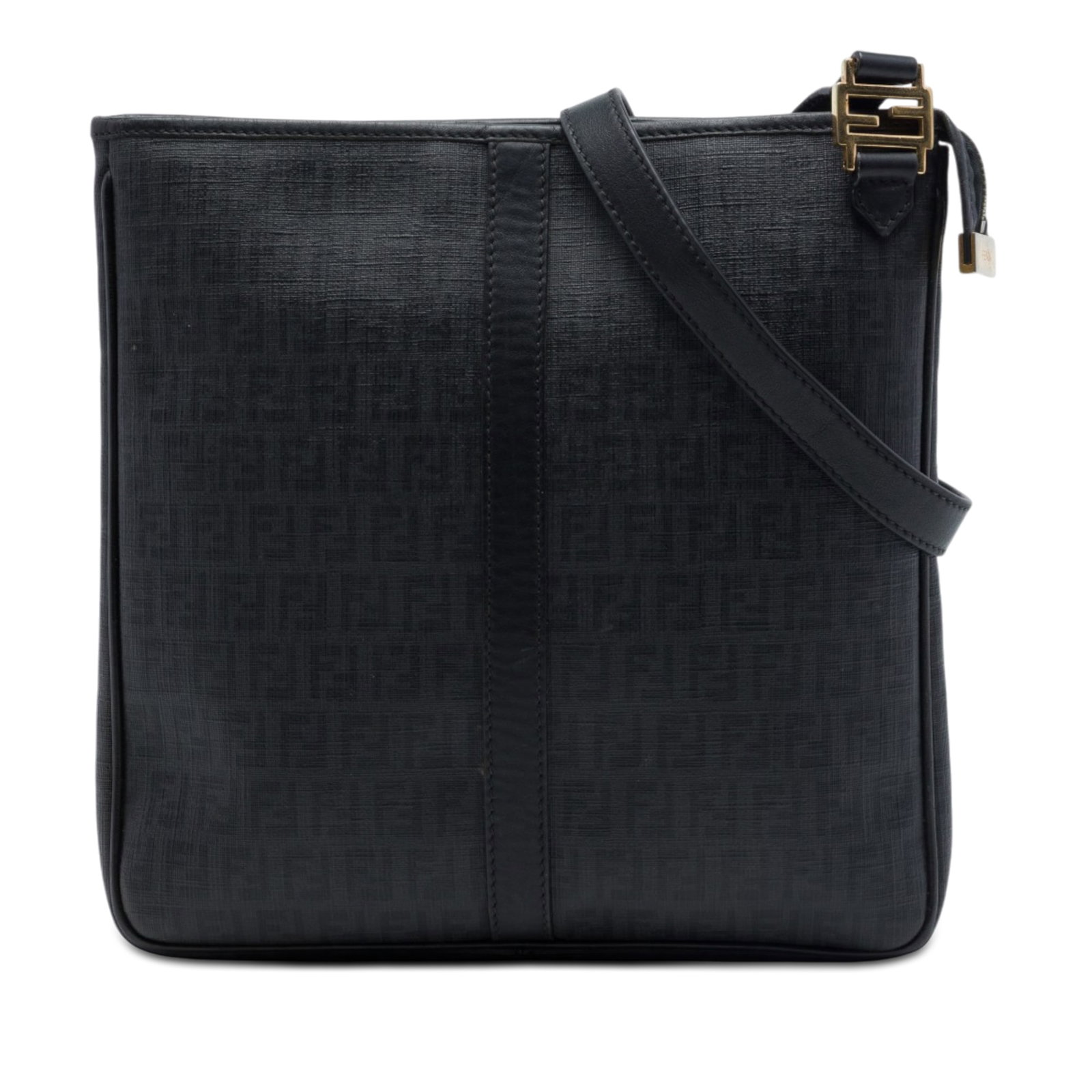 Fendi Zucchino Spalmati Black Coated Canvas Crossbody Bag: Fendi Zucchino Spalmati Black Coated Canvas Crossbody Bag Fendi Zucchino Spalmati crossbody bag in black, made with a coated canvas body and leather trim. It features a flat adjustable leather strap, 