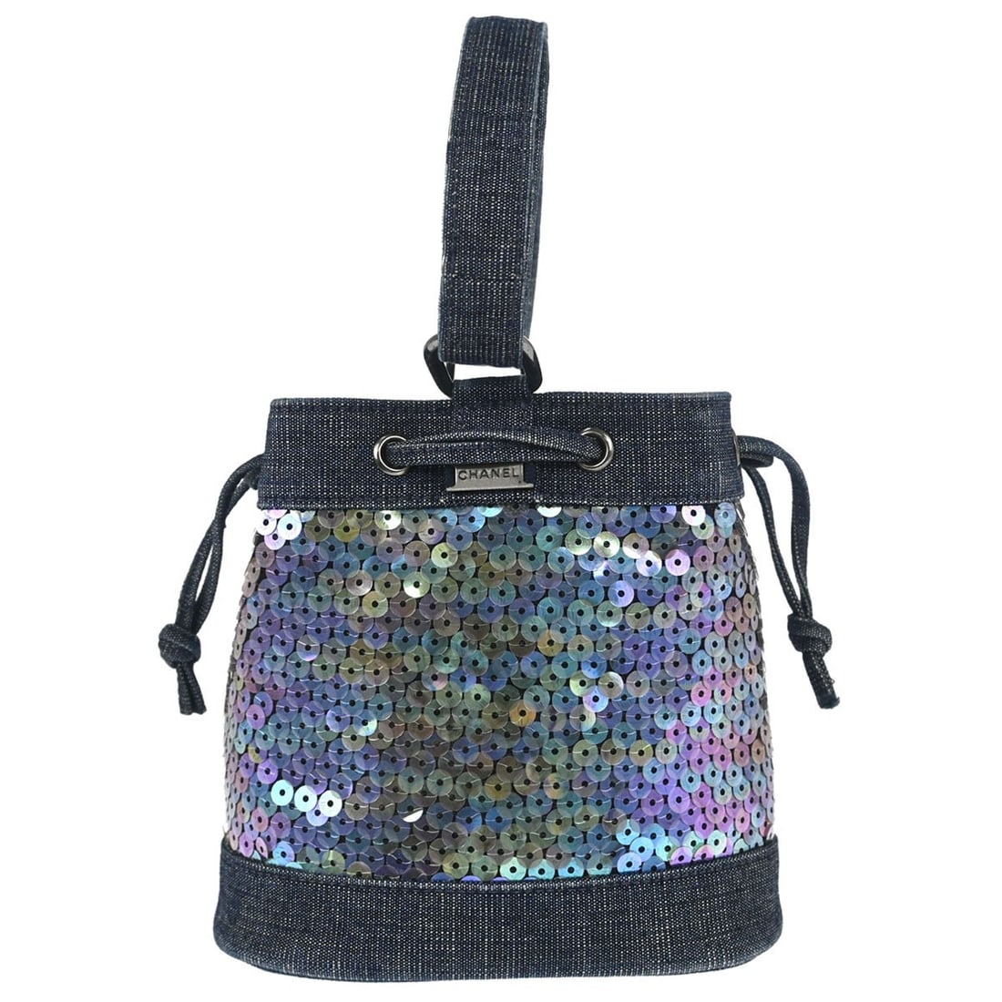 CHANEL Mini Bucket Tote Navy Denim Sequins Drawstring Bag: CHANEL Mini Bucket Tote Navy Denim Sequins Drawstring Bag Chanel navy sequins and denim tote bucket drawstring handbag in mini size. It features a top handle, drawstring closure, and a tote style with