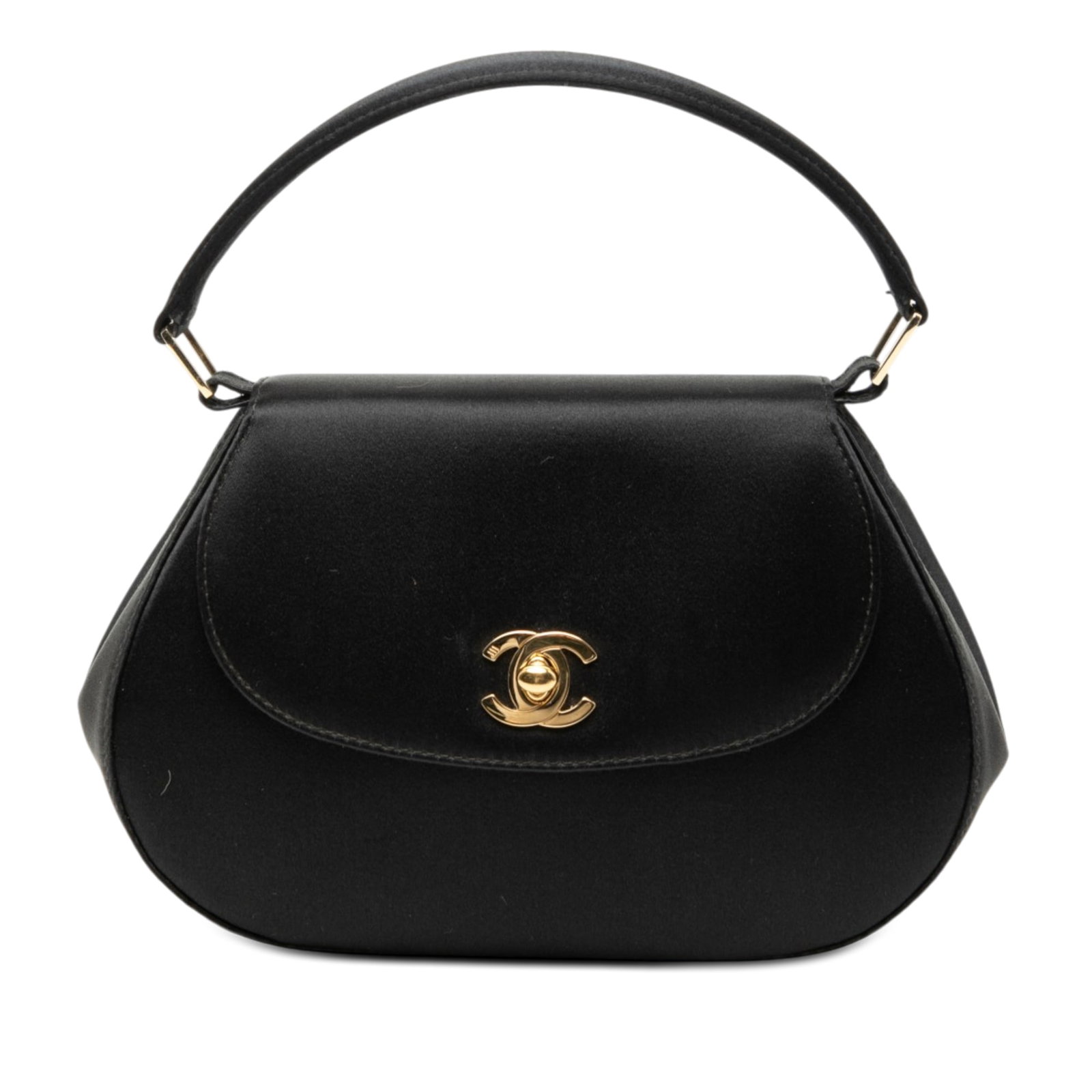 Chanel blue satin flap handbag with CC turn lock: Chanel blue satin flap handbag with CC turn lock This Chanel CC Satin Top Handle Flap bag features a blue satin body with a flat satin handle and a classic front flap secured by a CC turn lock closure