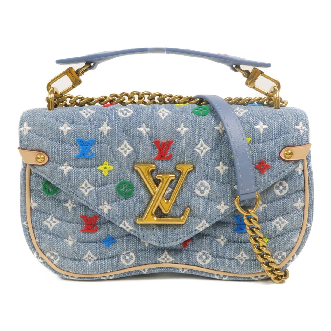 Louis Vuitton New Wave M53692 denim chain shoulder bag 2 way: Louis Vuitton New Wave M53692 denim chain shoulder bag 2 way Louis Vuitton New Wave 2-way chain shoulder bag in blue monogram denim. This women's bag features a structured flap design and can be carri