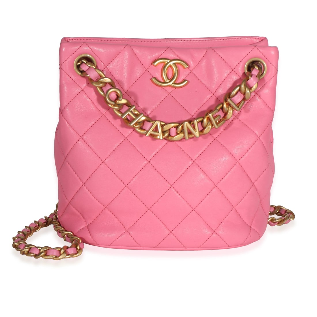 Chanel Logo Chain Bucket Bag Pink Quilted Lambskin Leather: Chanel Logo Chain Bucket Bag Pink Quilted Lambskin Leather Pre-owned Chanel Logo Chain Bucket Bag in pink quilted lambskin with a magnetic snap closure and gold-tone chain detailing. This unisex bag i