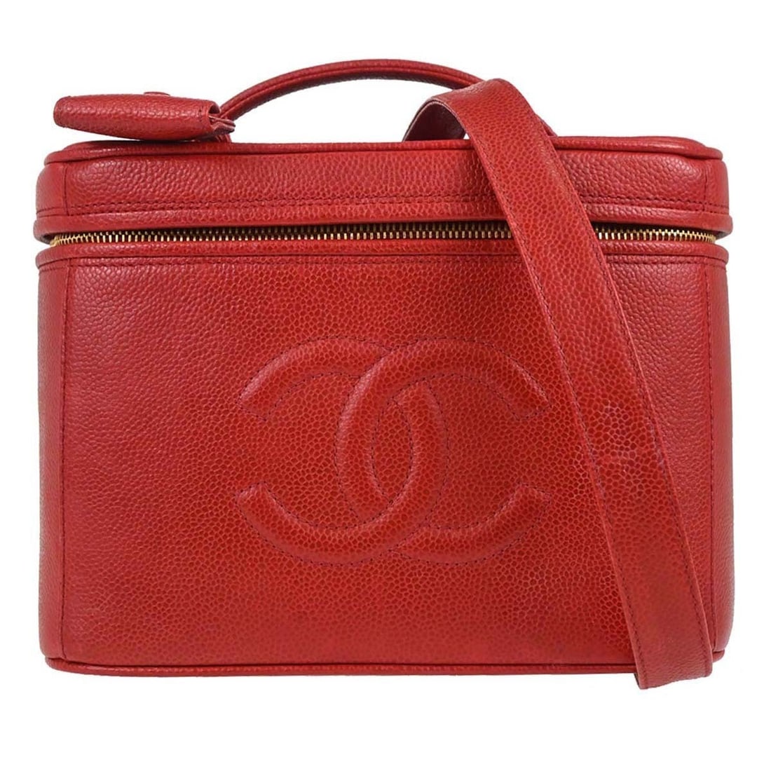 Chanel Vanity Red Caviar Leather 2way Top Handle Bag: Chanel Vanity Red Caviar Leather 2way Top Handle Bag Chanel vanity 2-way handbag in red caviar skin leather with a top handle and zip closure. This medium bag features a leather lining, inner pockets,