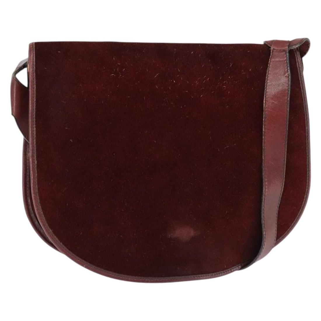 Balenciaga Burgundy Suede Shoulder Bag 27cm by 24cm: Balenciaga Burgundy Suede Shoulder Bag 27cm by 24cm This Balenciaga shoulder bag for women features a burgundy suede exterior. It is a pre-owned item with visible surface rubbing, stains, and scratche