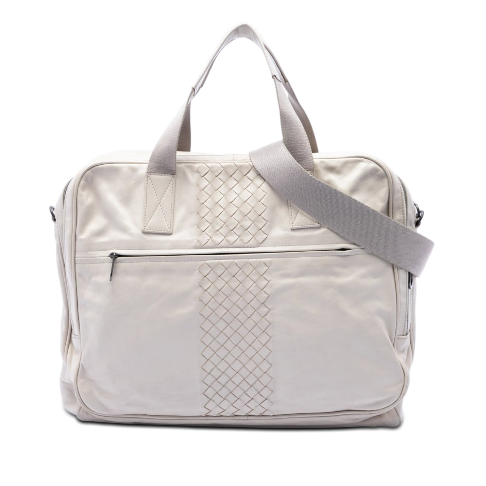 Bottega Veneta White Leather Business Tote Intrecciato Trimmed Nappa: Bottega Veneta White Leather Business Tote Intrecciato Trimmed Nappa This Bottega Veneta Intrecciato Trimmed Nappa Business Bag is crafted from white leather and features flat canvas and leather handl