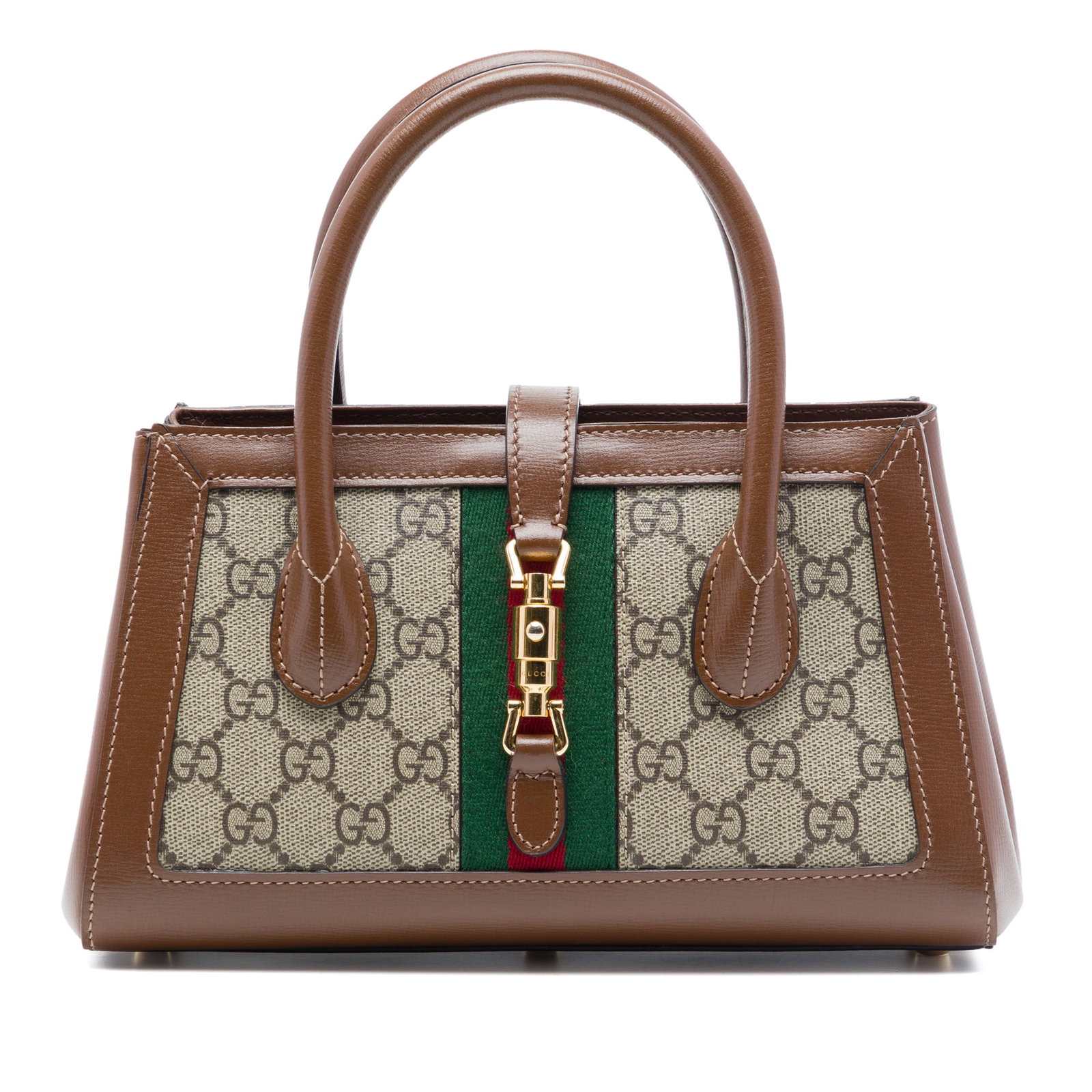 Gucci Jackie 1961 Small Tote GG Supreme Web Beige: Gucci Jackie 1961 Small Tote GG Supreme Web Beige Gucci Jackie 1961 tote crafted with a coated canvas body, leather trim, and web detailing. It features rolled leather handles, an open top with peg-in