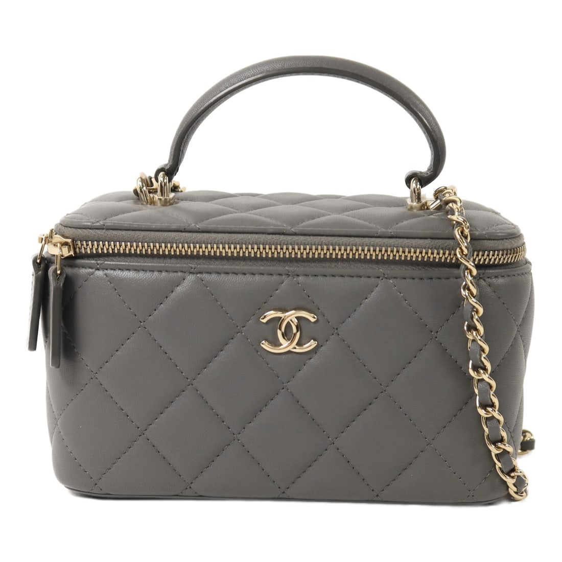 CHANEL AP2199 CC Vanity Case 2way Shoulder Bag Gray Lambskin: CHANEL AP2199 CC Vanity Case 2way Shoulder Bag Gray Lambskin A CHANEL CC GHW Vanity Case Chain Shoulder Bag, model AP2199, crafted in gray lambskin (sheep leather). This 2-way shoulder bag is made in 