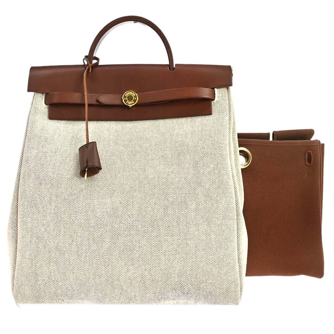 Hermes Herbag a Dos 2 in 1 Toile H Leather Backpack: Hermes Herbag a Dos 2 in 1 Toile H Leather Backpack Hermes Herbag a Dos 2 in 1 backpack in beige and brown Toile H with leather trim. This vintage women's casual medium bag is made in France and featu