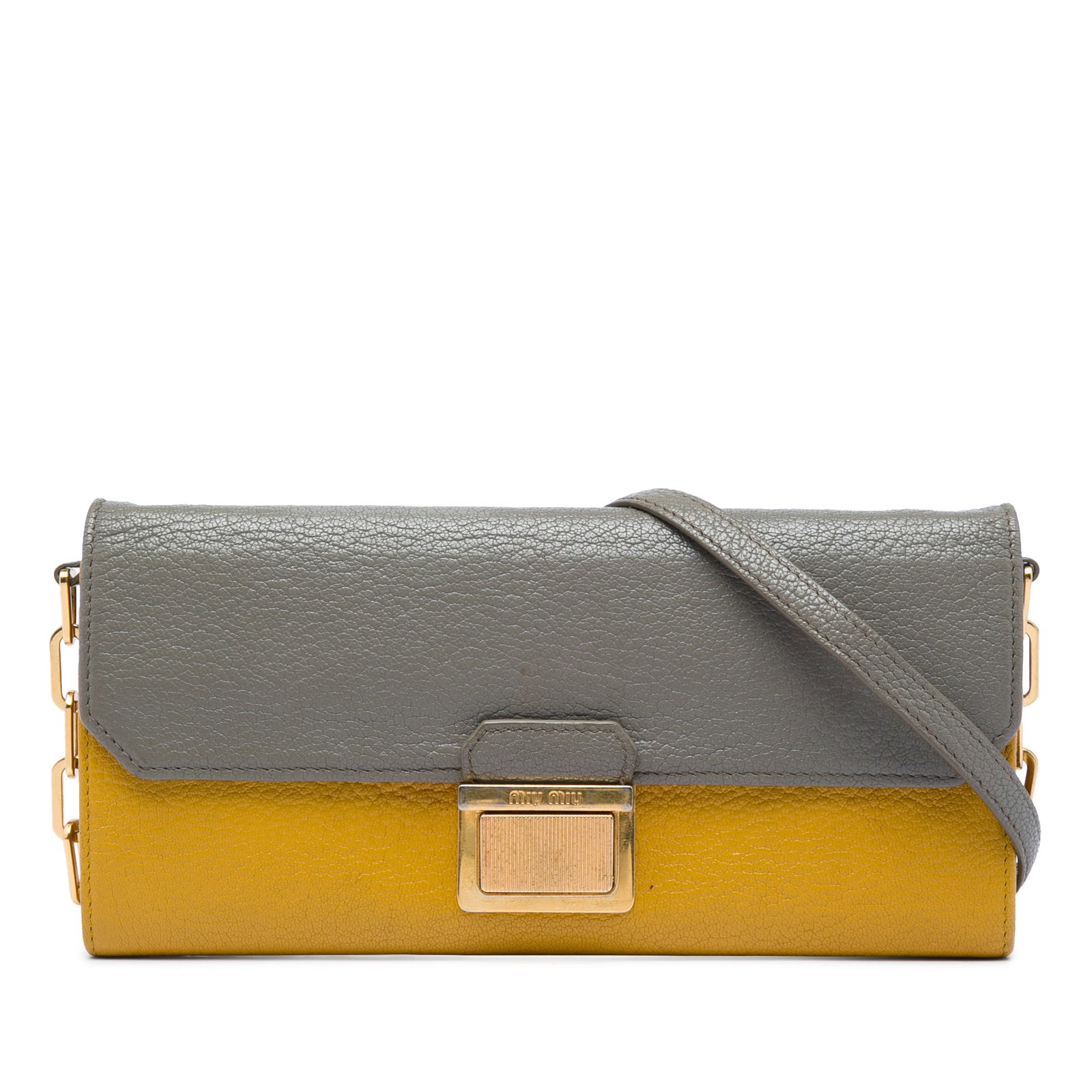 Miu Miu Madras Goatskin Wallet on Chain Yellow: Miu Miu Madras Goatskin Wallet on Chain Yellow Bicolor goatskin Madras wallet on chain with a flap and push-lock closure. The interior includes zip and slip pockets, and the chain strap is paired with