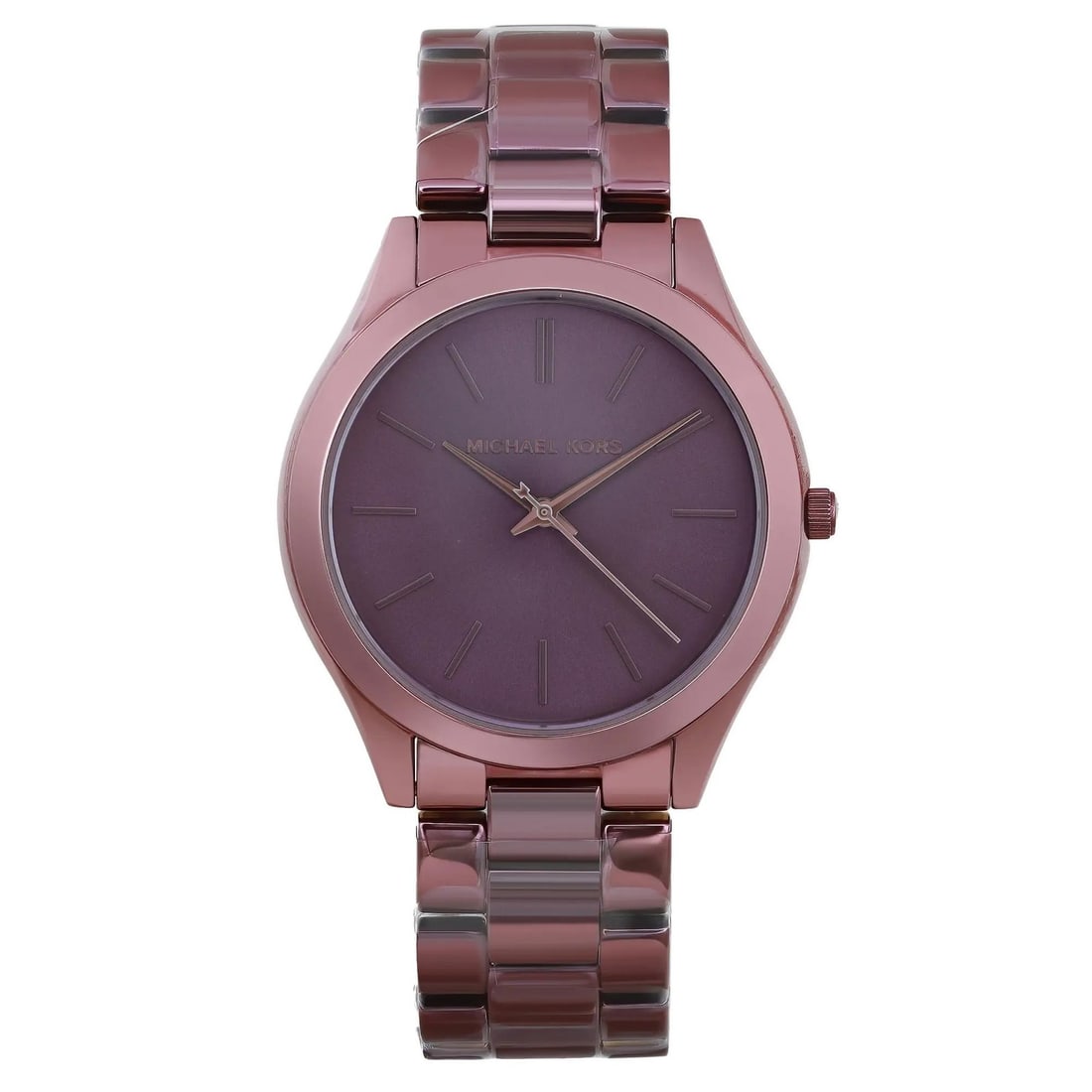 Michael Kors Slim Runway Womens Purple Stainless Steel Quartz Watch MK4415: Michael Kors Slim Runway Womens Purple Stainless Steel Quartz Watch MK4415 Pre-owned Michael Kors Slim Runway ladies wristwatch with a purple-tone stainless steel case and bracelet. This analog watch 
