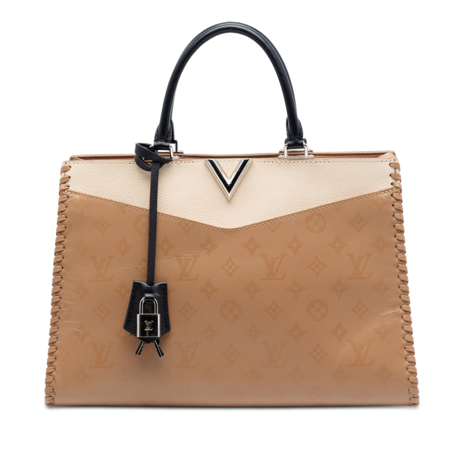 Louis Vuitton LockMe II Beige Leather Top Handle Bag: Louis Vuitton LockMe II Beige Leather Top Handle Bag This Louis Vuitton Monogram Very Leather Very Zipped bag features a leather body, a flat top handle, a detachable strap, a front flap with twist lo