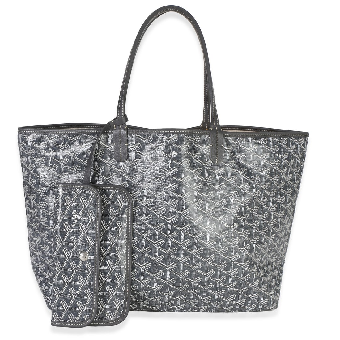 Goyard Saint Louis PM Gray Coated Canvas Tote with Dustbag Pochette: Goyard Saint Louis PM Gray Coated Canvas Tote with Dustbag Pochette Pre-owned Goyard Saint Louis PM tote in gray coated canvas with an open-top design and beige canvas lining. This unisex bag includes