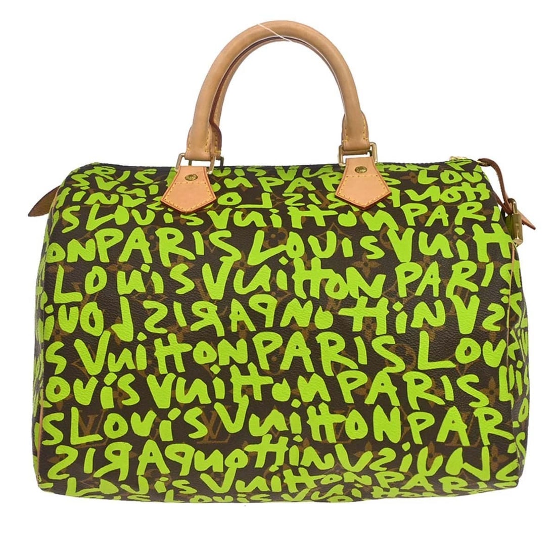 Louis Vuitton Speedy 30 Green Monogram Graffiti Duffle Bag M93706: Louis Vuitton Speedy 30 Green Monogram Graffiti Duffle Bag M93706 Louis Vuitton Speedy 30 handbag in green Monogram Graffiti canvas with leather trim. This women's duffle-style handbag features a zip 