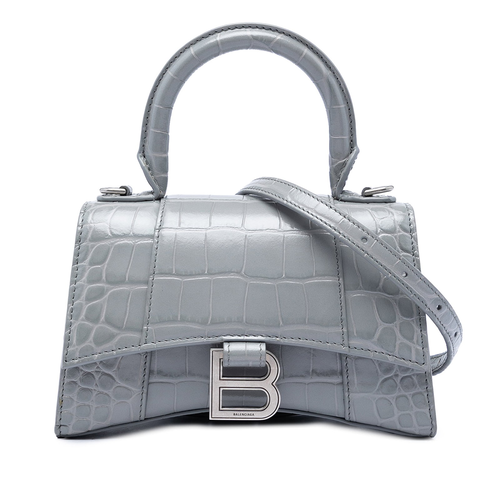 Balenciaga Hourglass XS Gray Croc Embossed Calfskin Satchel: Balenciaga Hourglass XS Gray Croc Embossed Calfskin Satchel Balenciaga Hourglass XS top handle bag in gray croc-embossed calfskin. This satchel features a rolled leather top handle, a detachable and a