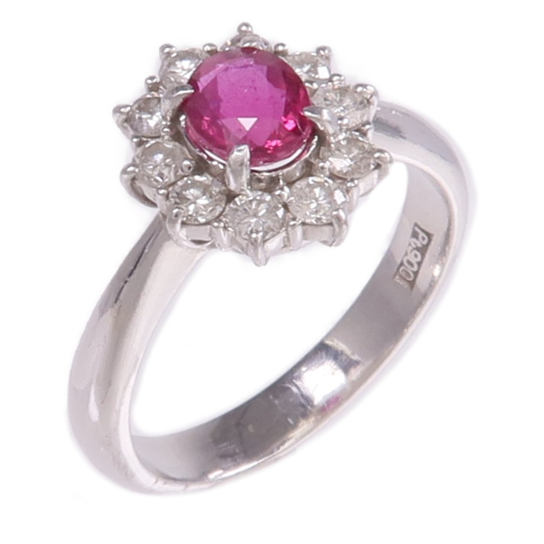 Pt900 Platinum Ruby Diamond Ring US 5.75 for Women: Pt900 Platinum Ruby Diamond Ring US 5.75 for Women Ruby and diamond ring in Pt900 platinum, designed for women and sized US 5.75. The ring features a red ruby with clear diamond accents and has a reas