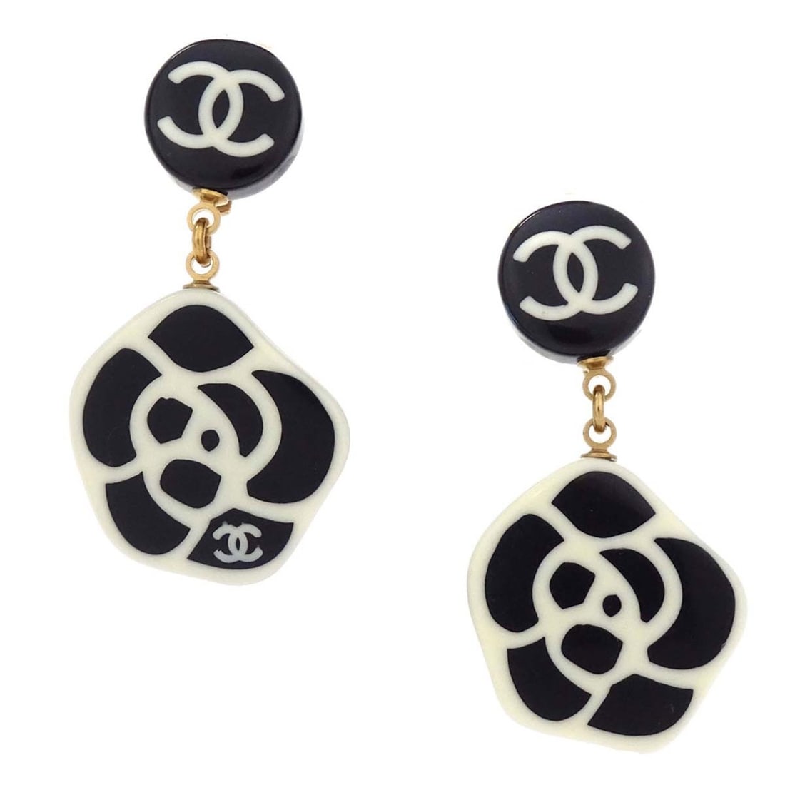 Chanel Camellia Clip On Drop Earrings Gold Plated Acrylic: Chanel Camellia Clip On Drop Earrings Gold Plated Acrylic Chanel dangle clip-on earrings featuring the Camellia motif in black acrylic with gold-plated accents. Made in France, this pair has a drop-st