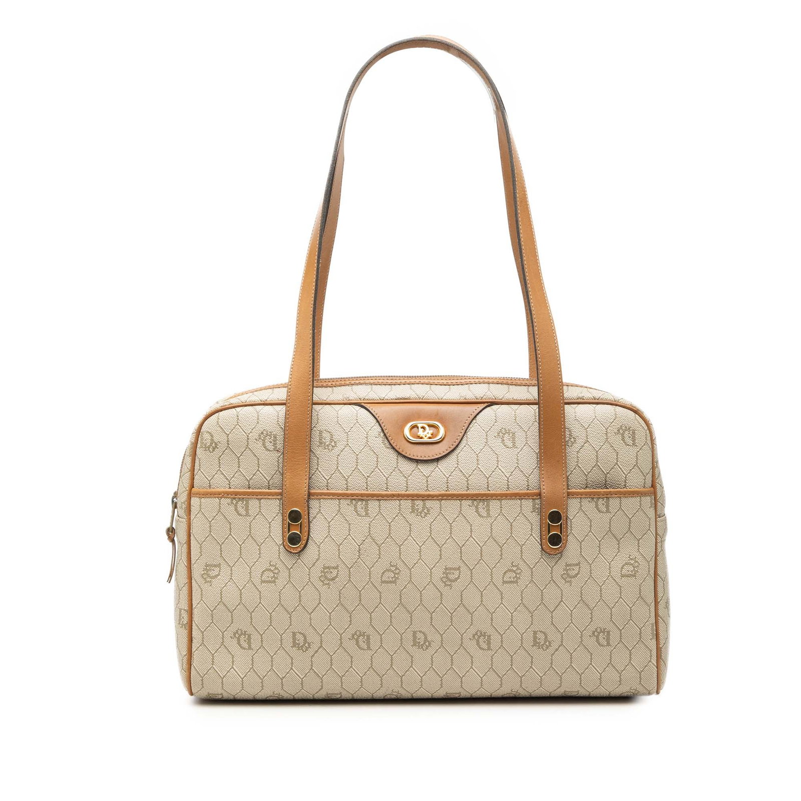 Dior Honeycomb Shoulder Bag in Beige Coated Canvas: Dior Honeycomb Shoulder Bag in Beige Coated Canvas Dior Honeycomb shoulder bag in beige coated canvas with leather trim and flat leather handles. The bag features a top zip closure and an interior zip