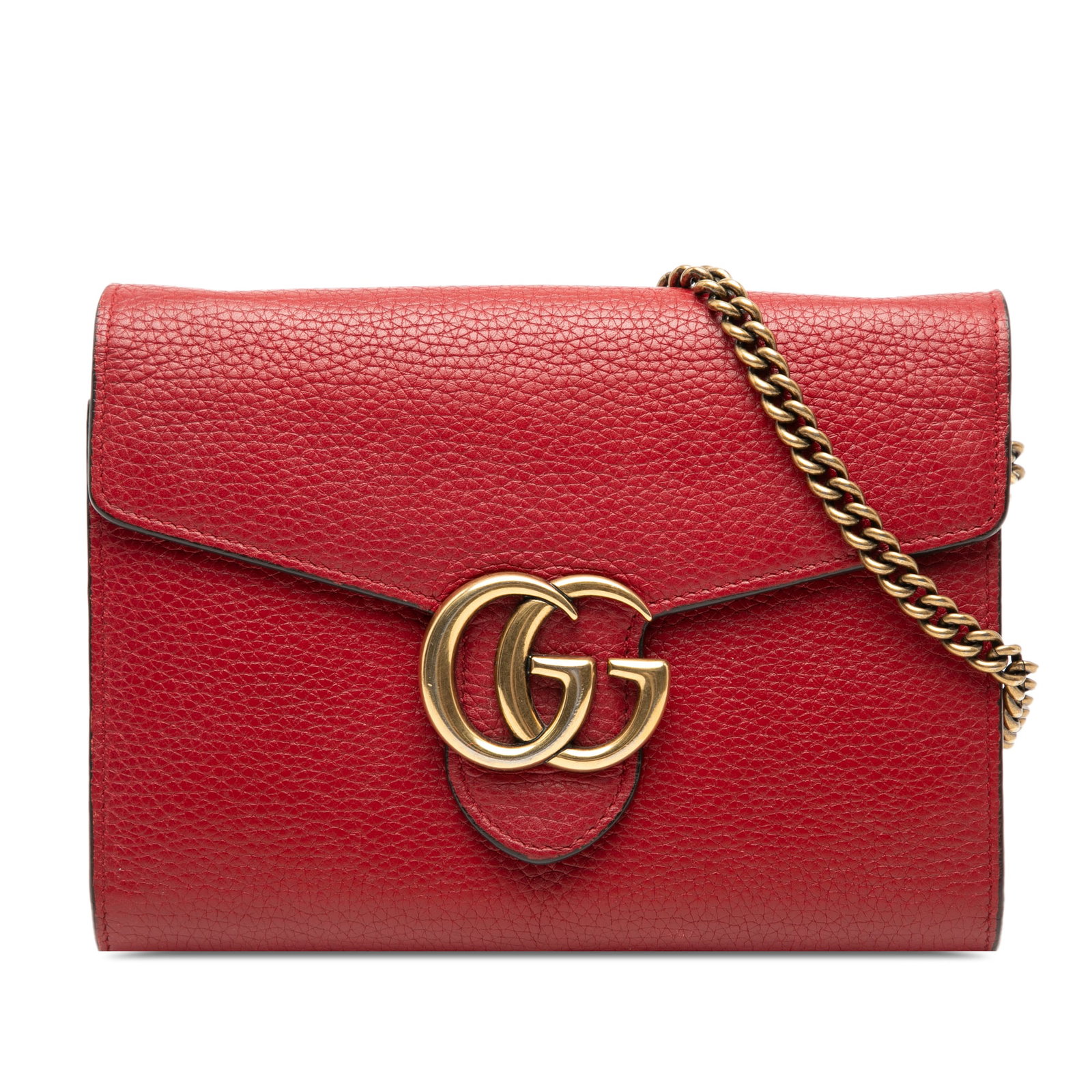 Gucci GG Marmont red leather wallet with chain strap: Gucci GG Marmont red leather wallet with chain strap This Gucci GG Marmont wallet on chain is crafted from red leather and features a chain-link shoulder strap, a front flap with snap button closure, 