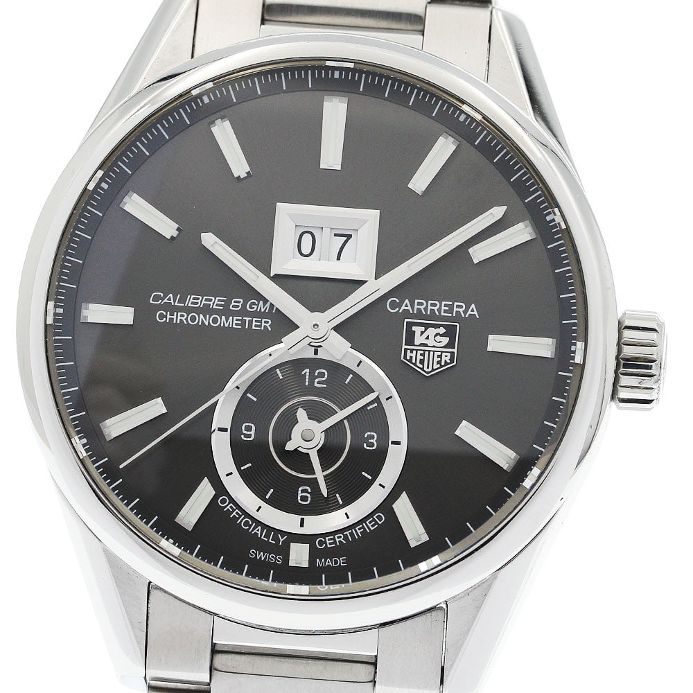 TAG Heuer Carrera Grand Date GMT Caliber 8 Automatic Watch WAR5012.BA0723: TAG Heuer Carrera Grand Date GMT Caliber 8 Automatic Watch WAR5012.BA0723 Pre-owned TAG Heuer Carrera Grand Date GMT Caliber 8 automatic wristwatch for men. This Swiss-made watch features a gray dial 