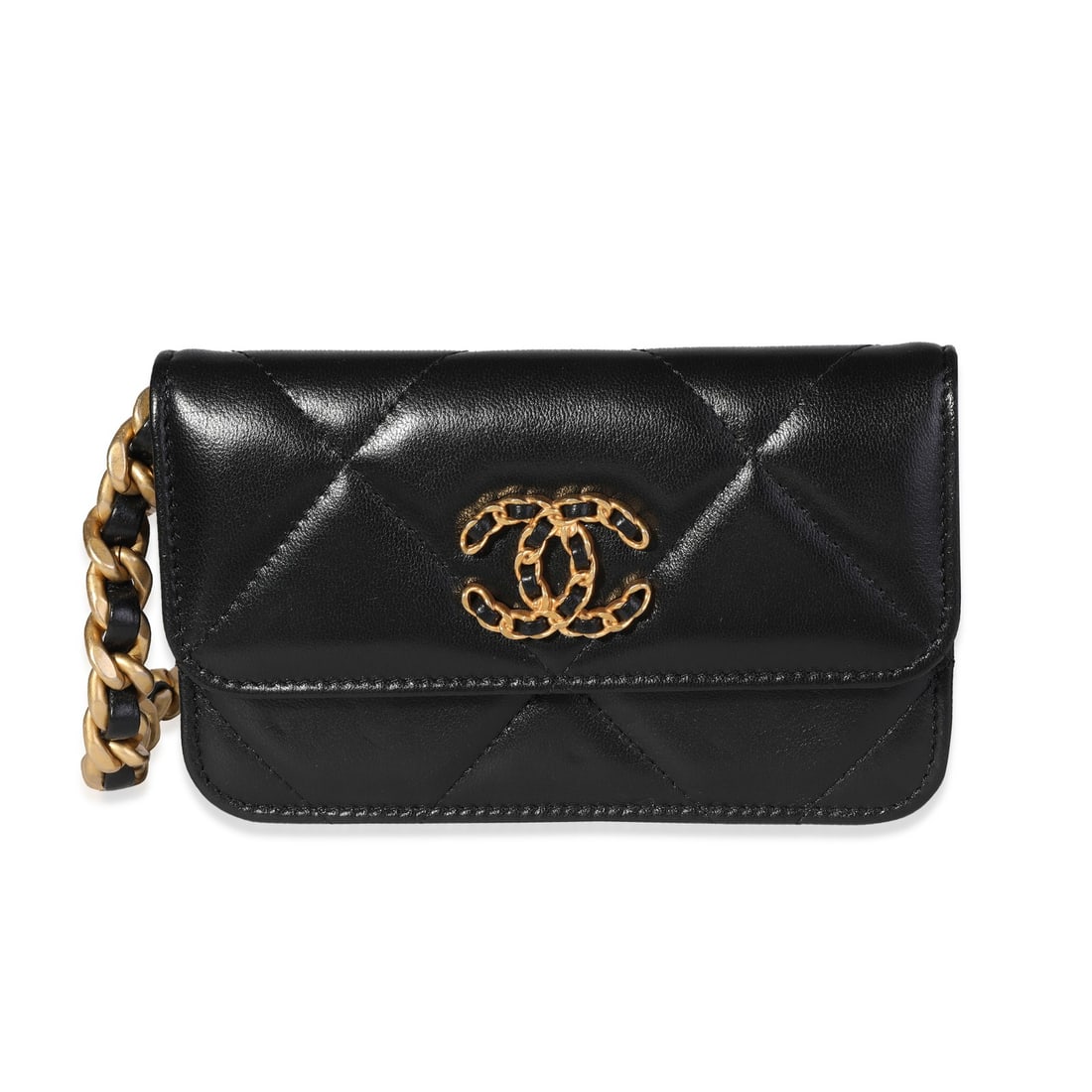 Chanel 19 Mini Coin Purse With Chain Black Quilted Lambskin: Chanel 19 Mini Coin Purse With Chain Black Quilted Lambskin Pre-owned Chanel 19 Mini Coin Purse With Chain in black quilted lambskin. This compact unisex bag features a magnetic snap closure, red fabr