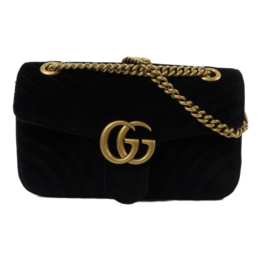 Gucci Marmont 443497 Velvet Shoulder Bag Black GHW: Gucci Marmont 443497 Velvet Shoulder Bag Black GHW Gucci GG Marmont chain shoulder bag in black velvet with a black chain strap and hook button closure. The bag features an interior zip pocket and com