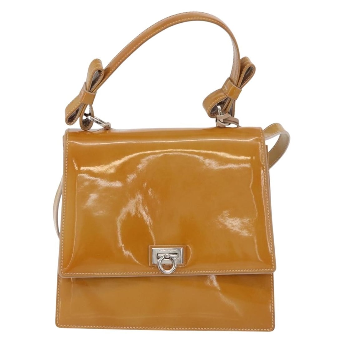 Salvatore Ferragamo Gancini beige patent leather handbag (1 of 18)