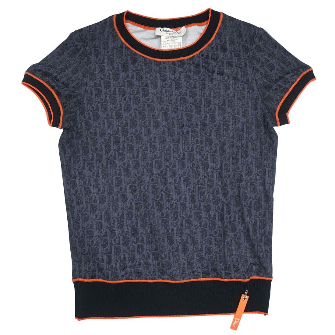 Dior Flight Trotter women's navy short sleeve top FR 38: Dior Flight Trotter women's navy short sleeve top FR 38 Christian Dior Flight Trotter T-shirt top in navy with logo accents and a regular fit. This women's short-sleeve top features a round neckline a