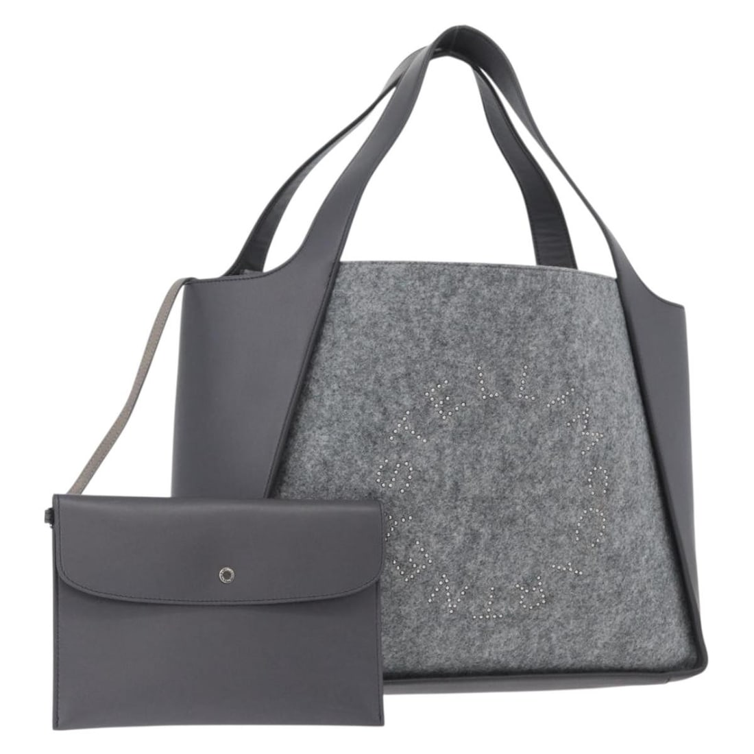 Stella MacCartney Gray Silver Polyester Tote with Pouch: Stella MacCartney Gray Silver Polyester Tote with Pouch Authentic Stella McCartney tote bag in gray and silver polyester with a clean, structured everyday design. Includes a pouch accessory. Made in I