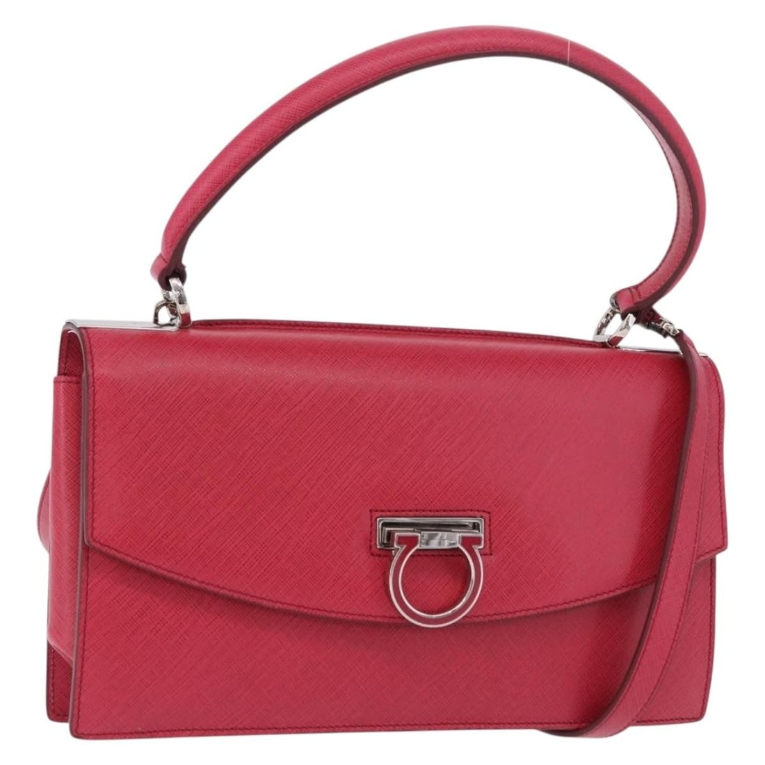 Salvatore Ferragamo Gancini Leather 2way Handbag Pink Silver with Strap: Salvatore Ferragamo Gancini Leather 2way Handbag Pink Silver with Strap Salvatore Ferragamo Gancini 2-way handbag in pink leather with silver-tone accents. Designed for women and made in Italy, this b
