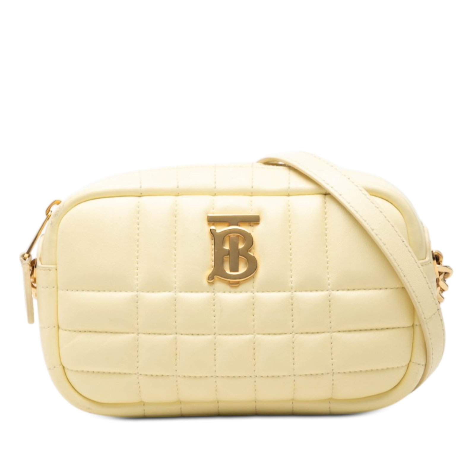 Burberry Lola Mini Camera Bag in Yellow Quilted Lambskin: Burberry Lola Mini Camera Bag in Yellow Quilted Lambskin Burberry Mini Lola camera bag crafted in quilted lambskin leather. This compact bag features a chain-link and adjustable flat leather strap, a 