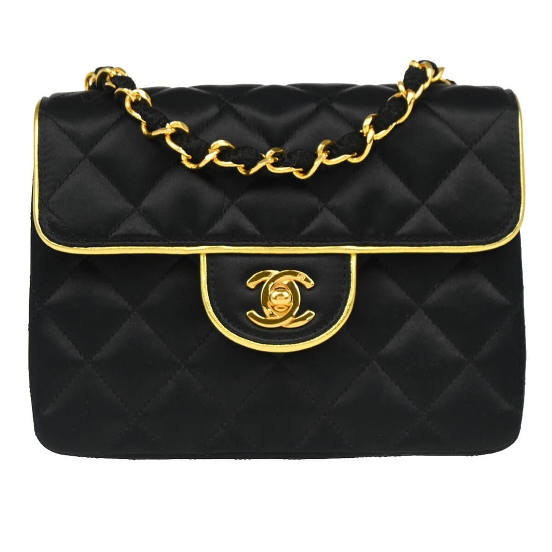 CHANEL Classic Flap Mini Square Satin Shoulder Bag Black: CHANEL Classic Flap Mini Square Satin Shoulder Bag Black Chanel Classic Flap Mini Square shoulder bag in black satin with a matelasse quilted exterior and flap turnlock closure. This women's small sho