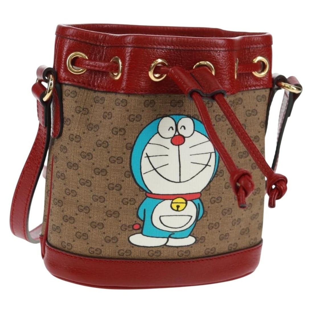 Gucci Doraemon 647801 Beige Micro GG Supreme PVC Shoulder Bag: Gucci Doraemon 647801 Beige Micro GG Supreme PVC Shoulder Bag A Gucci x Doraemon Micro GG Supreme shoulder bag in beige/gold PVC leather and Micro Small GG canvas, made in Italy. This women's shoulder
