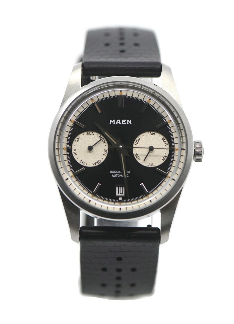 MAEN Brooklyn M5.1.1 36mm automatic stainless steel wristwatch: MAEN Brooklyn M5.1.1 36mm automatic stainless steel wristwatch Pre-owned MAEN Brooklyn wristwatch with an automatic mechanical movement and analog display. This stainless steel model features a brushe