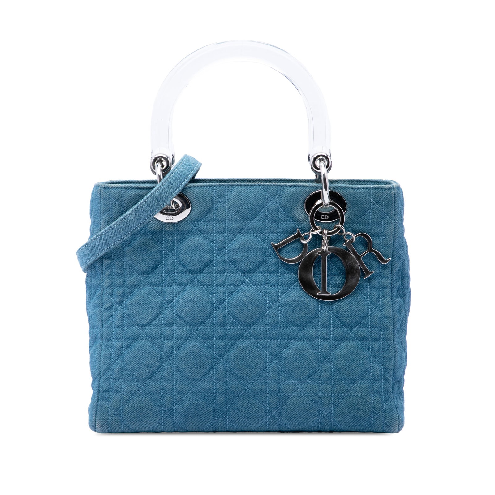 Dior Lady Dior Medium Denim Satchel with Acrylic Handles: Dior Lady Dior Medium Denim Satchel with Acrylic Handles Medium Lady Dior satchel in blue quilted denim with Cannage pattern detailing. It features flat acrylic top handles, a detachable flat denim st