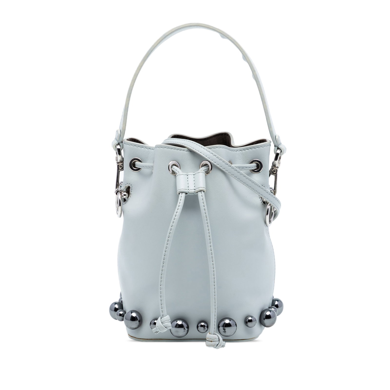 Fendi Mon Tresor mini gray leather pearl bucket bag: Fendi Mon Tresor mini gray leather pearl bucket bag This Fendi Mini Leather Pearl Mon Tresor Bucket Bag features a leather body adorned with faux pearl embellishments. It includes a flat leather top h
