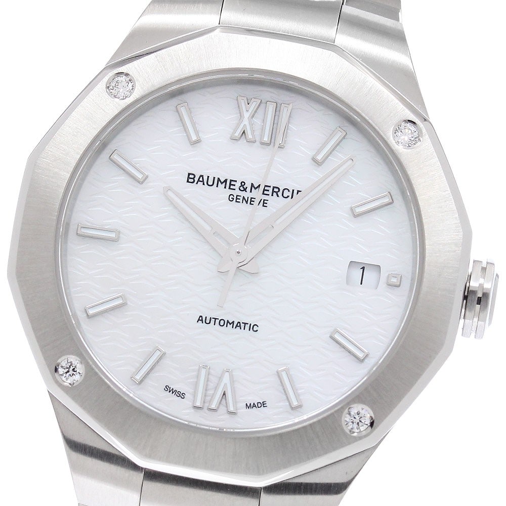 Baume and Mercier Riviera M0A10663 4 Diamond Date Unisex Wristwatch: Baume and Mercier Riviera M0A10663 4 Diamond Date Unisex Wristwatch Pre-owned Baume & Mercier Riviera wristwatch with a white mother-of-pearl dial, 4 diamond accents, automatic movement, and date disp