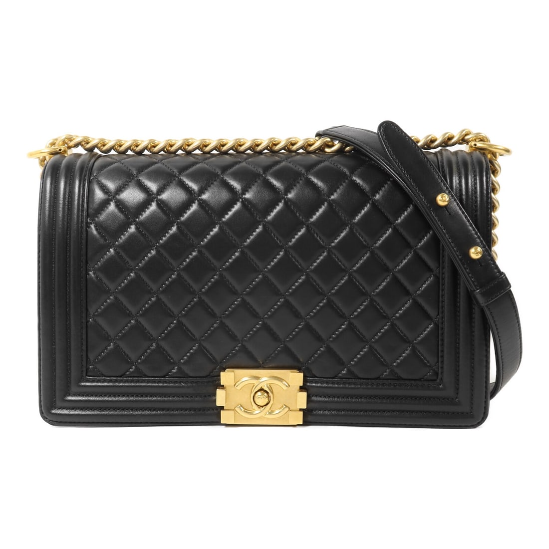 CHANEL Boy 28 Chain Shoulder Bag A92193 Black Lambskin GHW: CHANEL Boy 28 Chain Shoulder Bag A92193 Black Lambskin GHW CHANEL Boy 28 chain shoulder bag in black lambskin (sheep leather) with gold-tone hardware. This shoulder bag is identified as model A92193 a