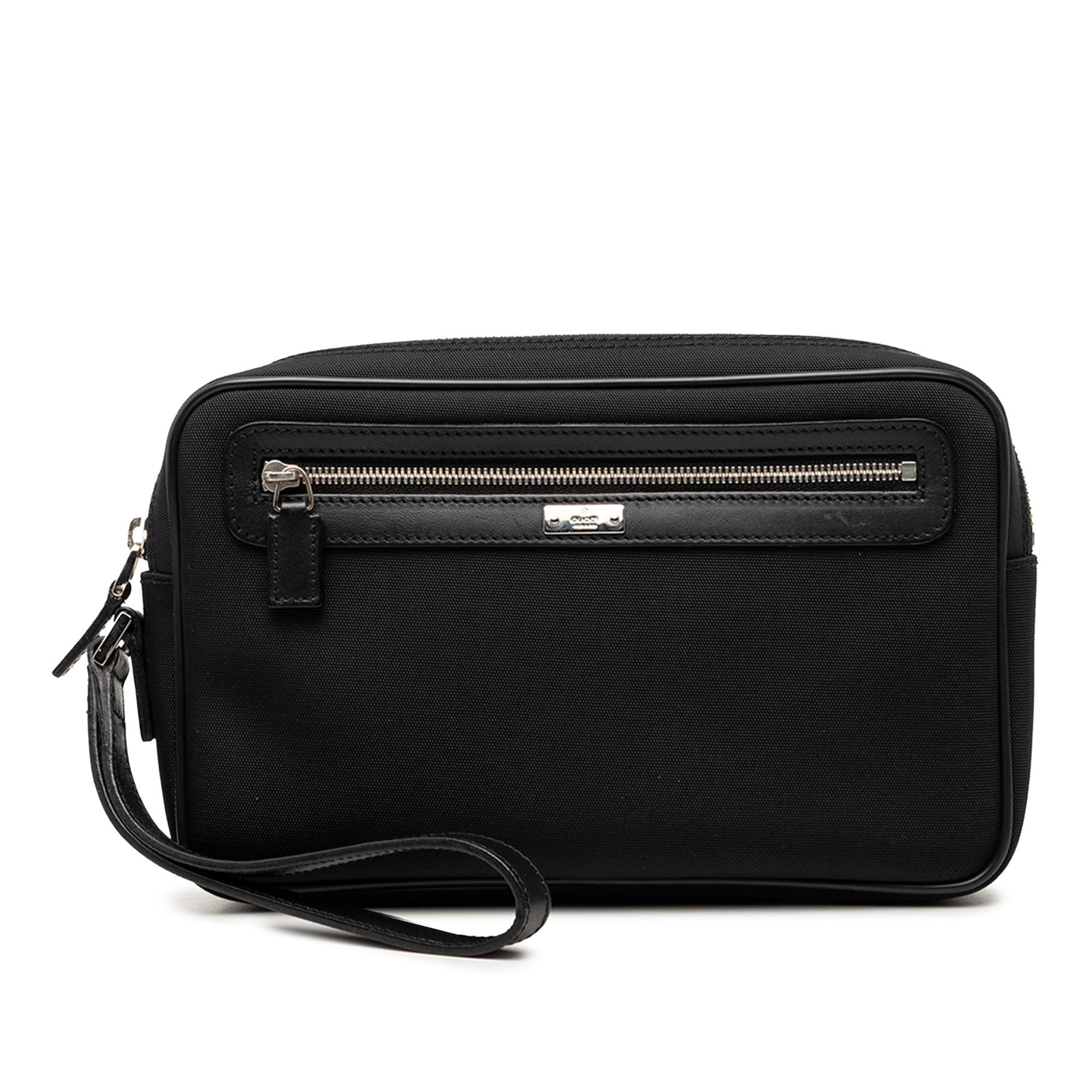 Gucci Canvas Clutch Bag Black Fabric and Leather Trim: Gucci Canvas Clutch Bag Black Fabric and Leather Trim Gucci canvas clutch with leather trim and a flat leather wrist strap. The bag features a top zip closure, an exterior front zip pocket, and an int