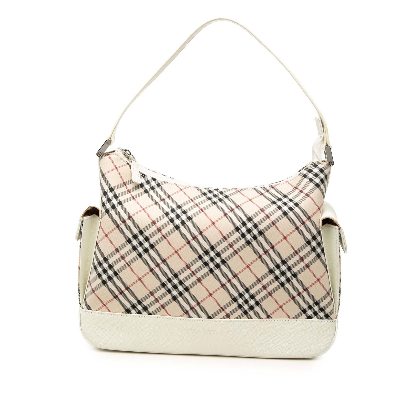 Burberry Nova Check shoulder bag in beige canvas with leather trim: Burberry Nova Check shoulder bag in beige canvas with leather trim Burberry Nova Check Canvas Shoulder Bag with leather trim and a classic zip-top design. The bag features exterior side flap pockets a
