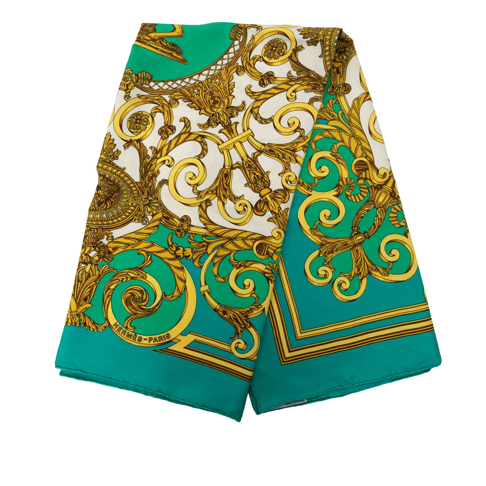 Hermes Les Tuileries 90 Silk Scarf Green France: Hermes Les Tuileries 90 Silk Scarf Green France Hermes Les Tuileries Silk Scarf 90 in green. This printed silk scarf is made in France and shows condition issues including cut stitching, staining with