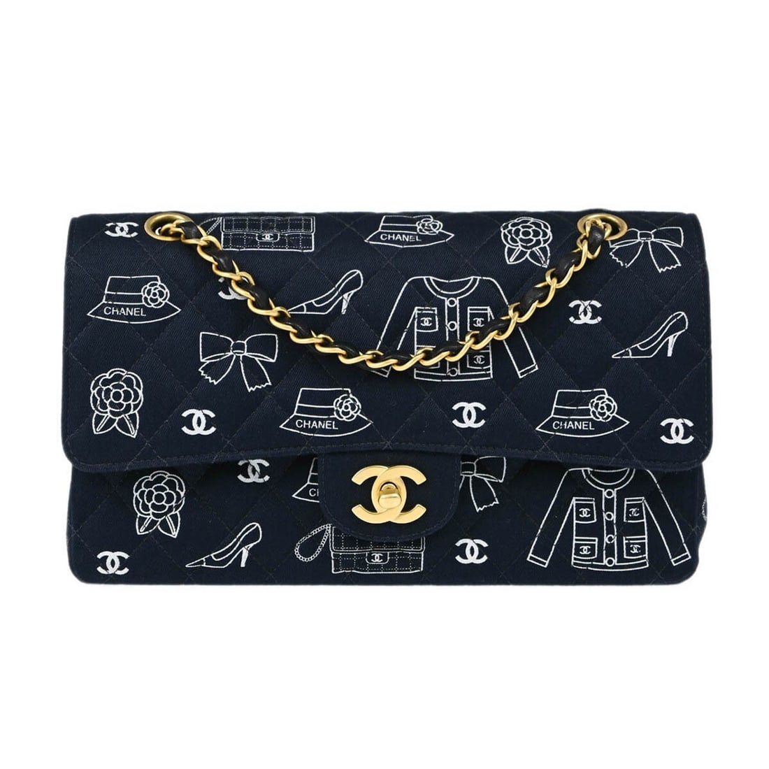 CHANEL Classic Double Flap Medium Navy Canvas Shoulder Bag: CHANEL Classic Double Flap Medium Navy Canvas Shoulder Bag Chanel Classic Double Flap shoulder bag in navy canvas with a turn-lock closure and leather lining. This medium bag features a strap that can