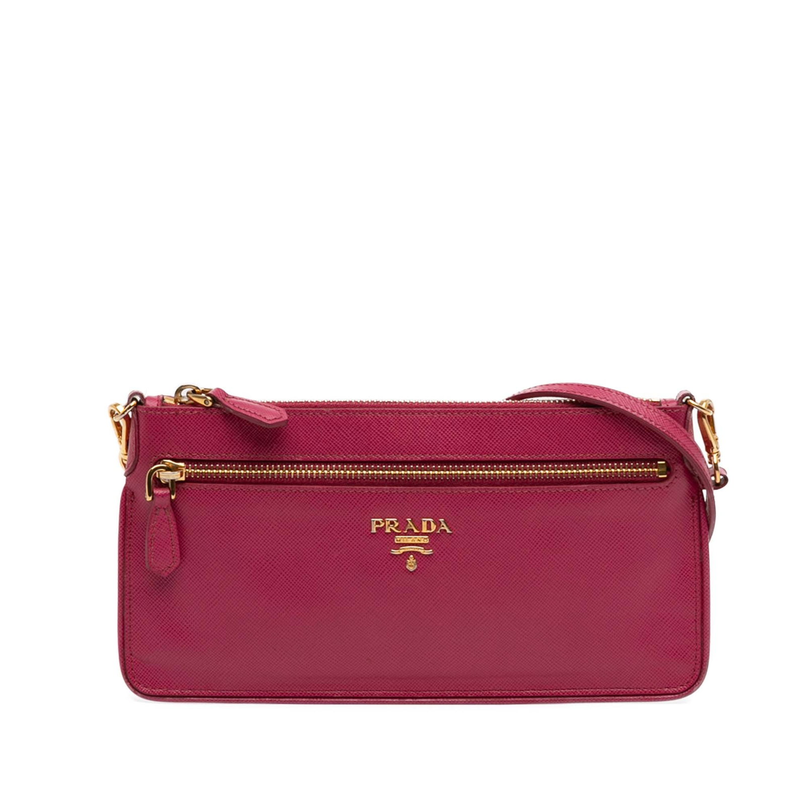 Prada Saffiano Lux leather crossbody bag with top zip: Prada Saffiano Lux leather crossbody bag with top zip Prada Saffiano Lux Top Zip Crossbody in pink leather with a detachable flat leather strap, exterior front zip pocket, and top zip closure. Made in