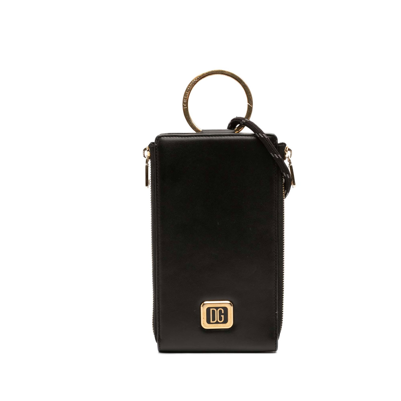 Dolce and Gabbana black leather shoulder bag with logo plaque: Dolce and Gabbana black leather shoulder bag with logo plaque Dolce & Gabbana Calfskin Logo Plaque Strapped Wallet in black leather with a rolled strap, side zip closures, and interior zip and slip po