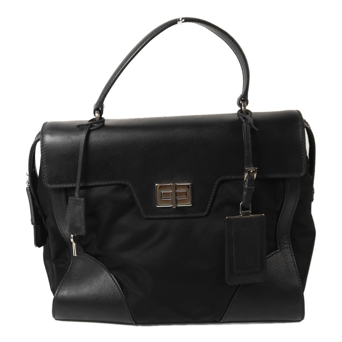Prada 1BA005 black nylon handbag with padlock and key: Prada 1BA005 black nylon handbag with padlock and key Prada 1BA005 women's handbag in black nylon with silver-tone hardware. Made in Italy, this regular-size handbag features a turn-lock closure and m