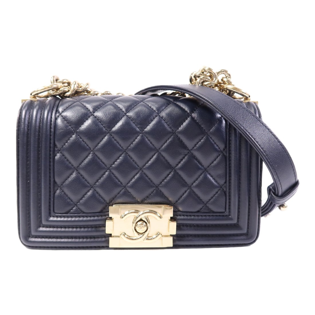 CHANEL Boy 20 Shoulder Bag Navy Lambskin Leather CC Gold Tone: CHANEL Boy 20 Shoulder Bag Navy Lambskin Leather CC Gold Tone CHANEL Boy 20 chain shoulder bag in navy lambskin (sheep leather) with gold-tone hardware. It is a women's shoulder bag from France, with 